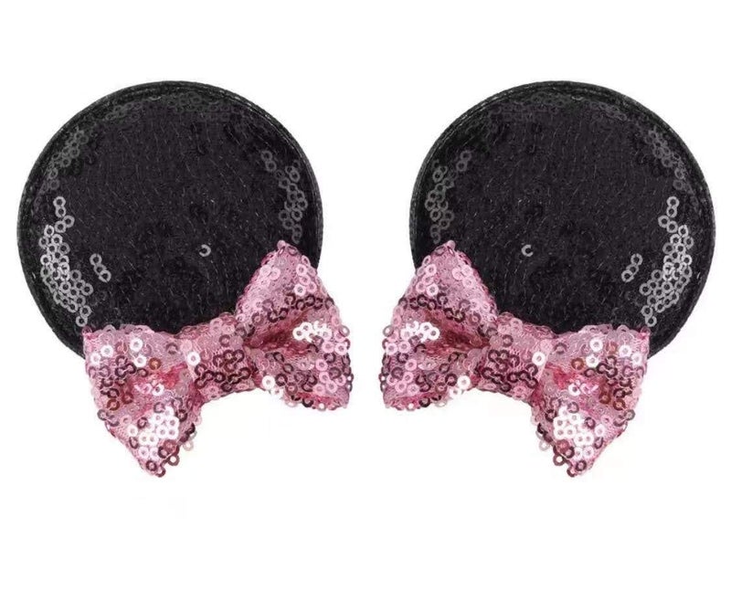CLGIFT Minnie Ears Hairband, Handmade Headband for Baby/Toddler with Flexible Sequin (Black Pink Hair Clip, 2 Count) - Image 1